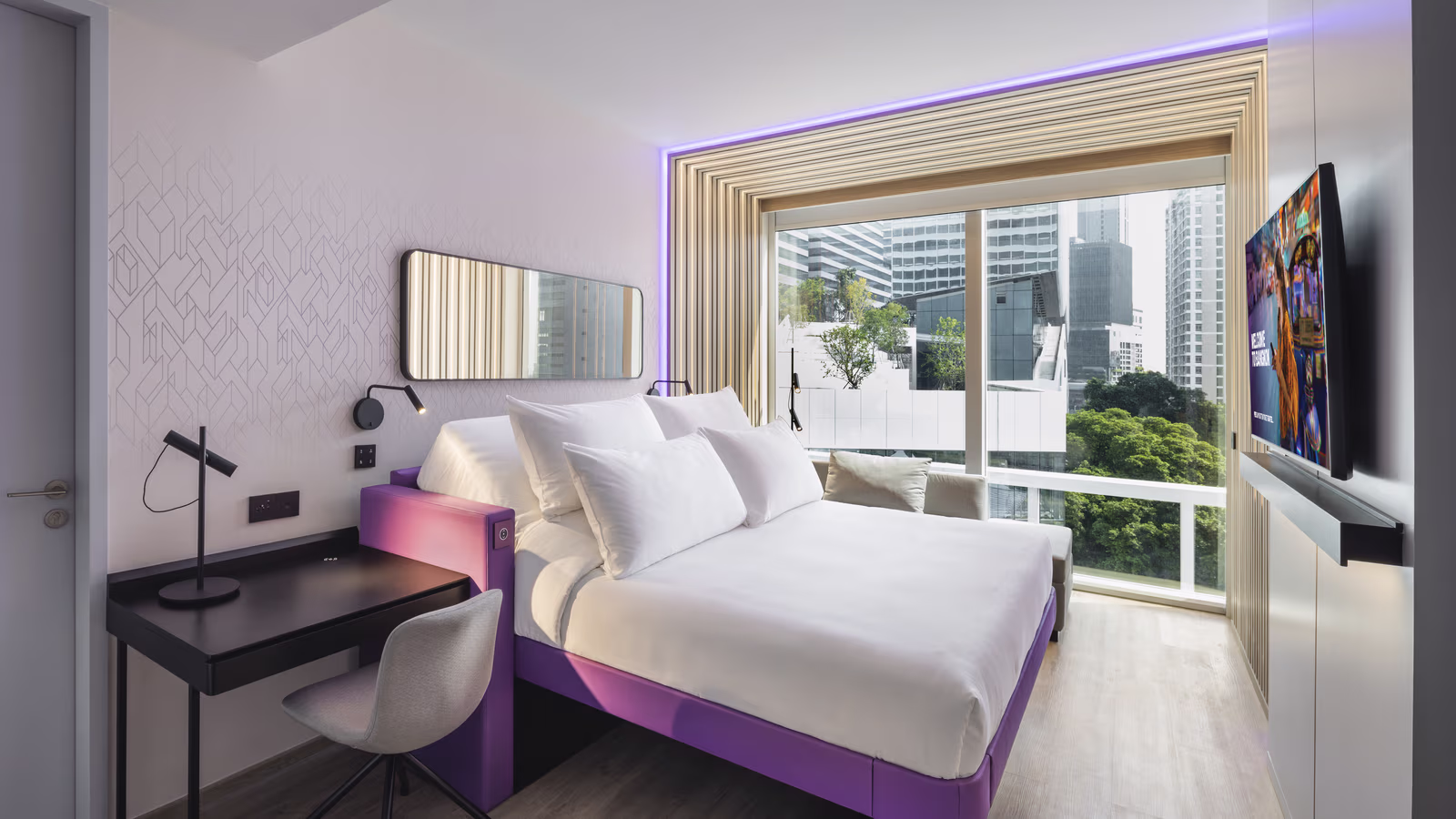 YOTEL Cloud 11 room with floor-to-ceiling windows